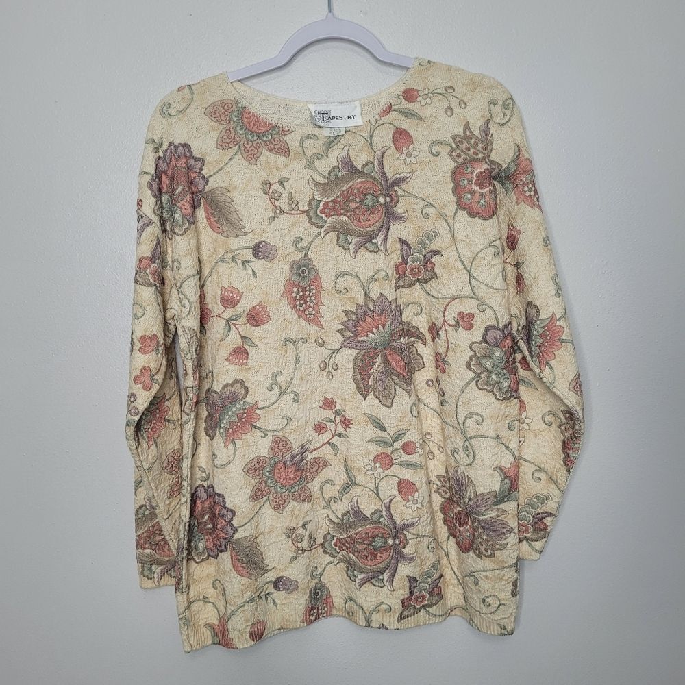 Vintage tapestry pink cream romantic cottagecore light weight sweater size L